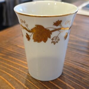 White Vintage Porcelain Tumbler with Gold Leaf Vine Detail Vanity Cup
